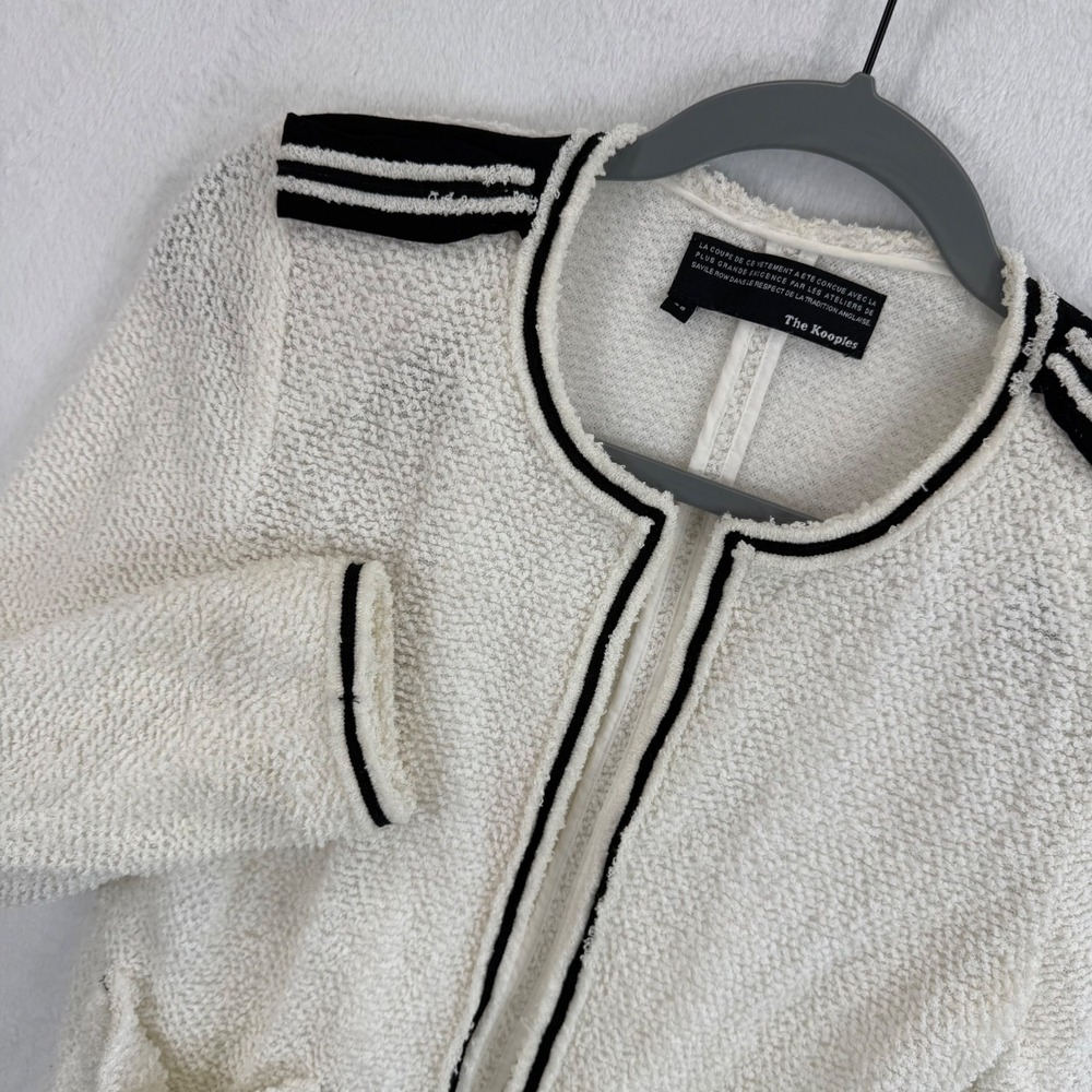 The Kooples Ivory Boucle Blazer‎ Size 38/M Open Front Black Trim Pockets
